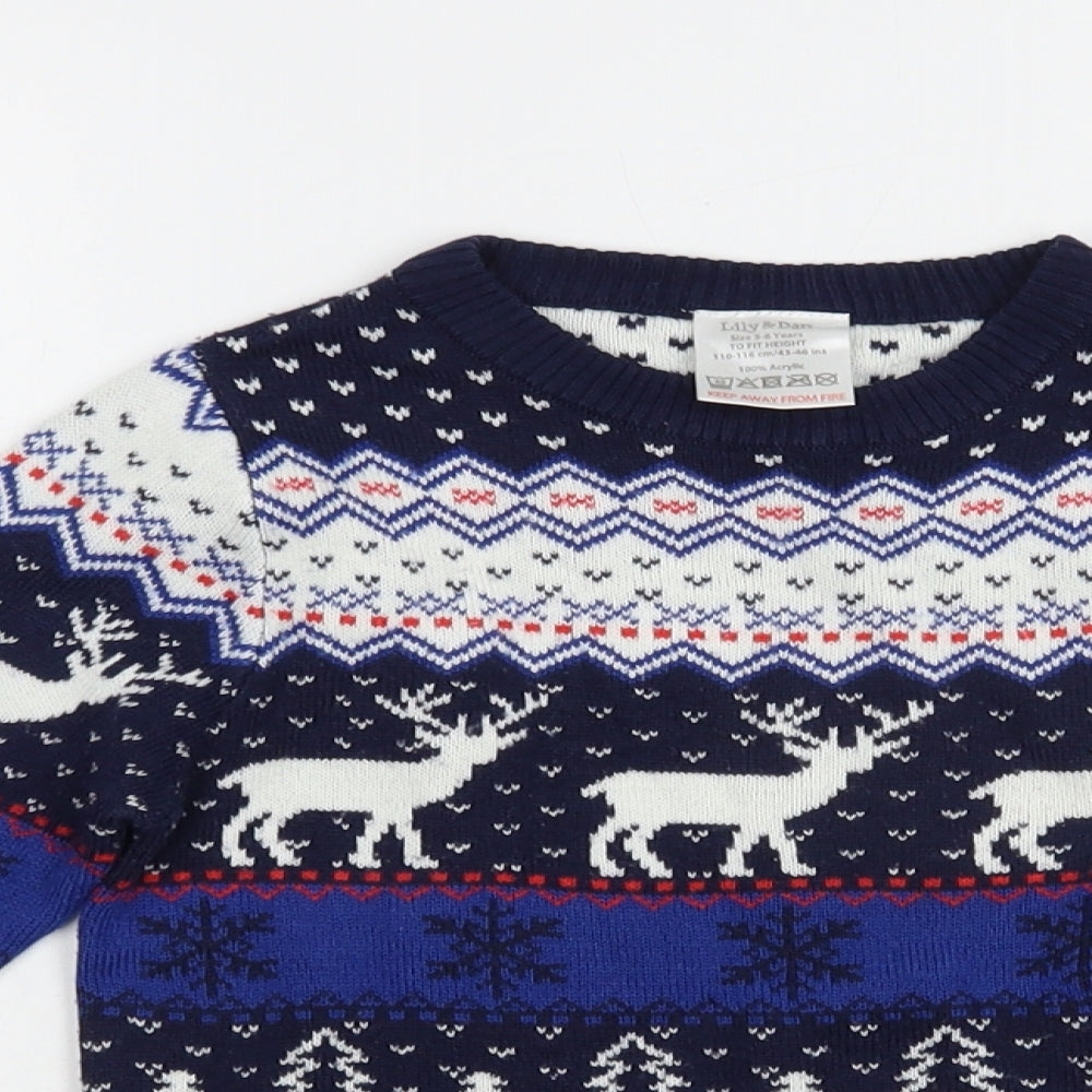 Lily & Dan Boys Blue Crew Neck Fair Isle Acrylic Pullover Jumper Size 5-6 Years  Pullover - Christmas Jumper