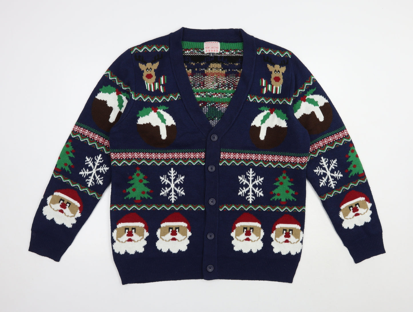 George Mens Blue V-Neck Fair Isle Acrylic Cardigan Jumper Size L   - Christmas Jumper