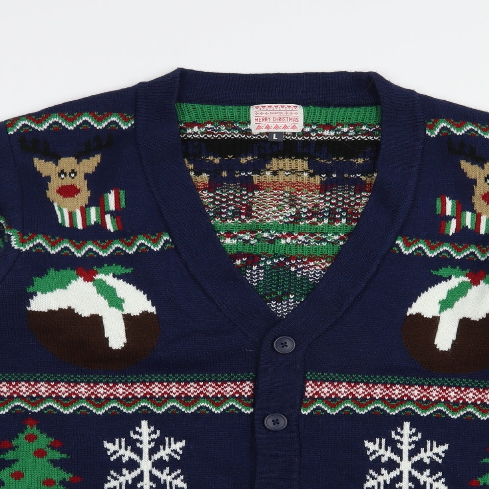 George Mens Blue V-Neck Fair Isle Acrylic Cardigan Jumper Size L   - Christmas Jumper