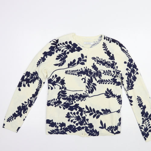 Marks and Spencer Womens Ivory Round Neck Floral Acrylic Full Zip Jumper Size 8