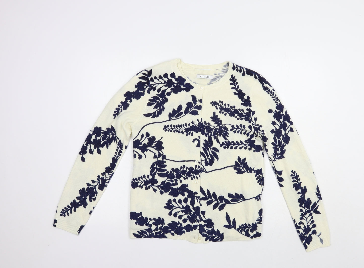 Marks and Spencer Womens Ivory Round Neck Floral Acrylic Full Zip Jumper Size 8