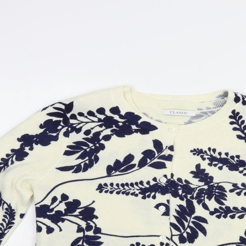 Marks and Spencer Womens Ivory Round Neck Floral Acrylic Full Zip Jumper Size 8