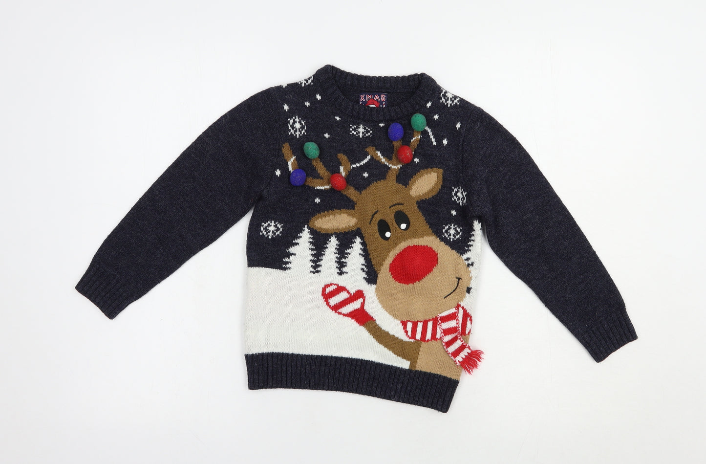 F&F Boys Blue Crew Neck  Acrylic Pullover Jumper Size 6-7 Years  Pullover - Rudolph Christmas