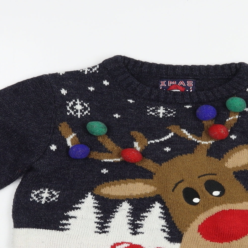 F&F Boys Blue Crew Neck  Acrylic Pullover Jumper Size 6-7 Years  Pullover - Rudolph Christmas