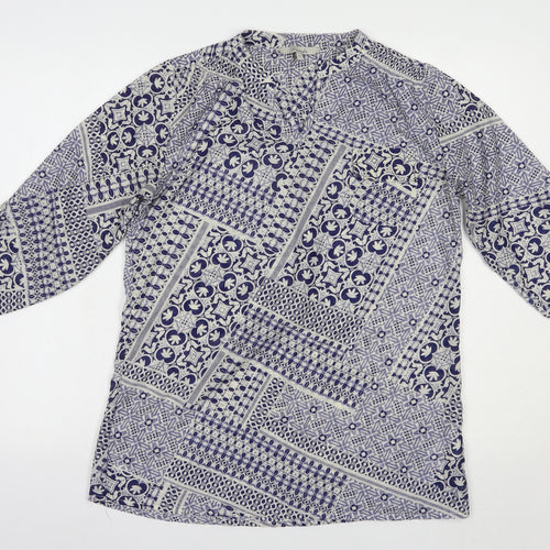 Peacocks Womens Blue Geometric Polyester Basic Blouse Size 10 V-Neck