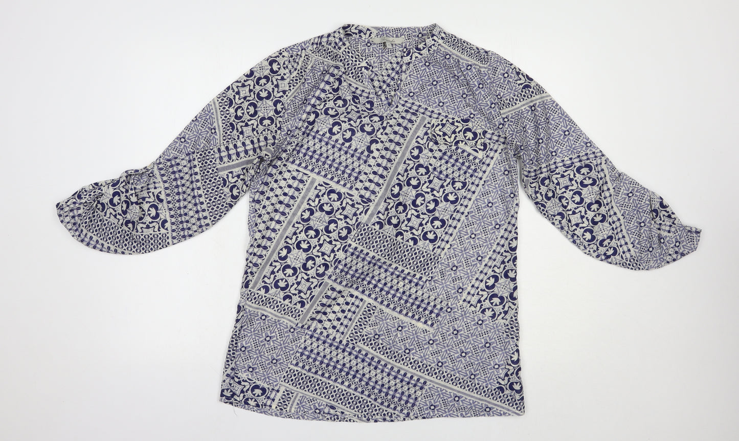 Peacocks Womens Blue Geometric Polyester Basic Blouse Size 10 V-Neck