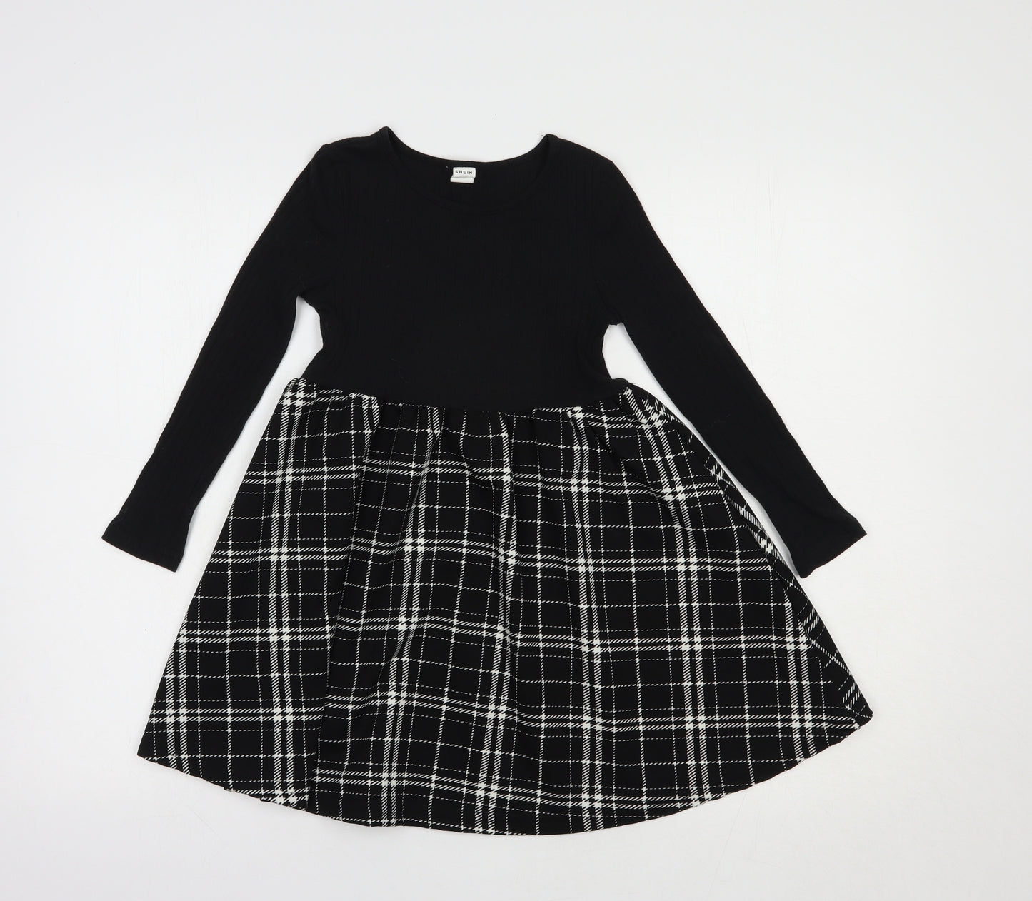 SheIn Girls Black Plaid Cotton Fit & Flare  Size 7 Years  Crew Neck Pullover