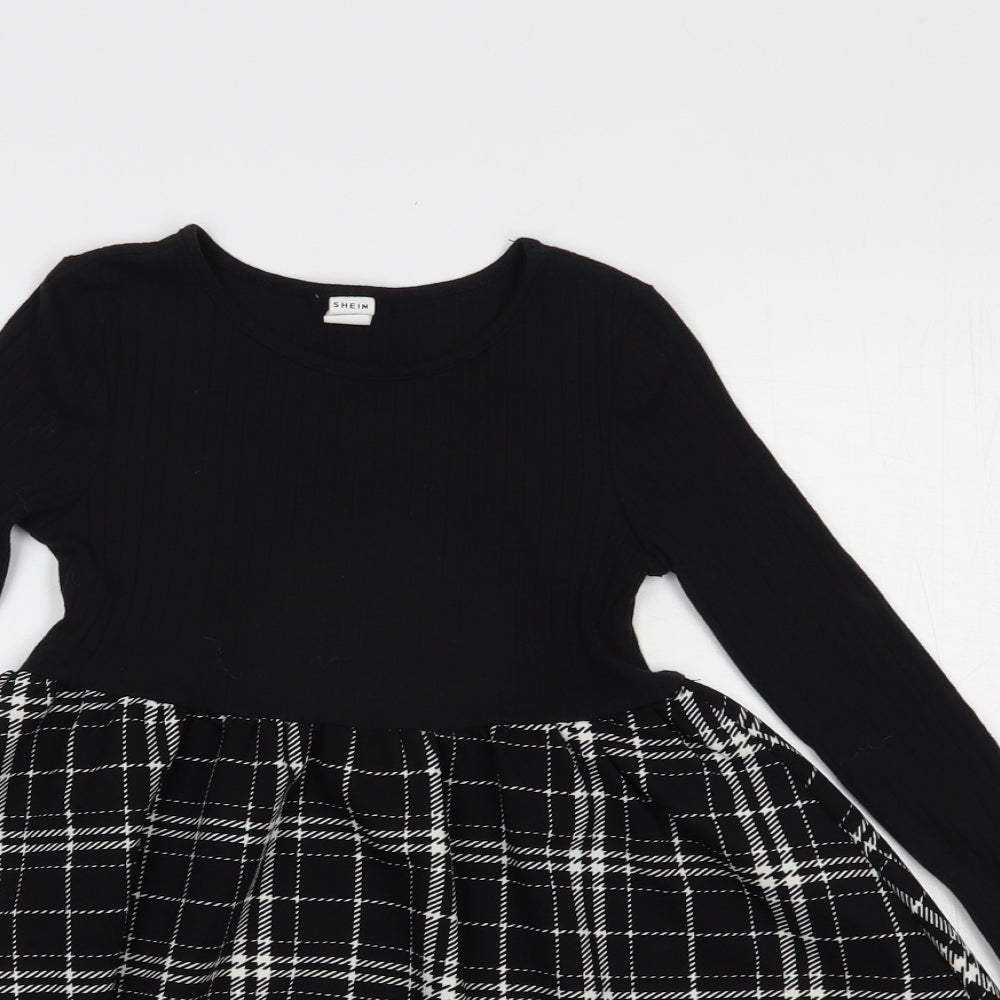 SheIn Girls Black Plaid Cotton Fit & Flare  Size 7 Years  Crew Neck Pullover