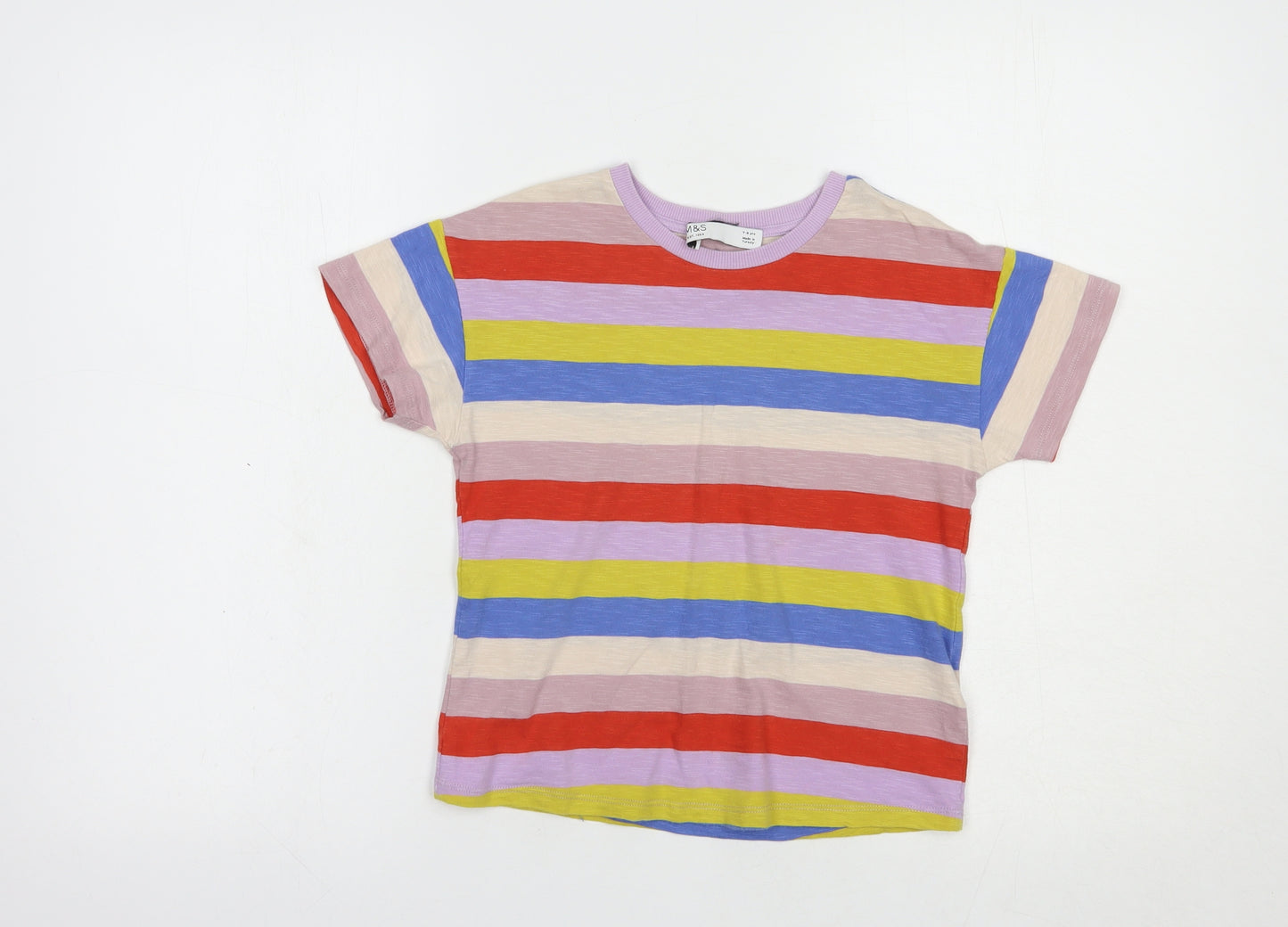 Marks and Spencer Girls Multicoloured Striped Cotton Pullover T-Shirt Size 7-8 Years Crew Neck Pullover