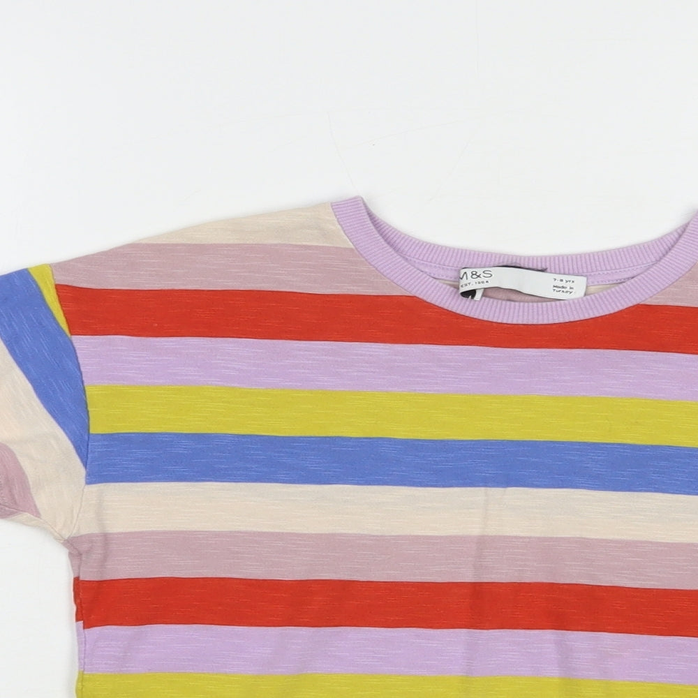Marks and Spencer Girls Multicoloured Striped Cotton Pullover T-Shirt Size 7-8 Years Crew Neck Pullover