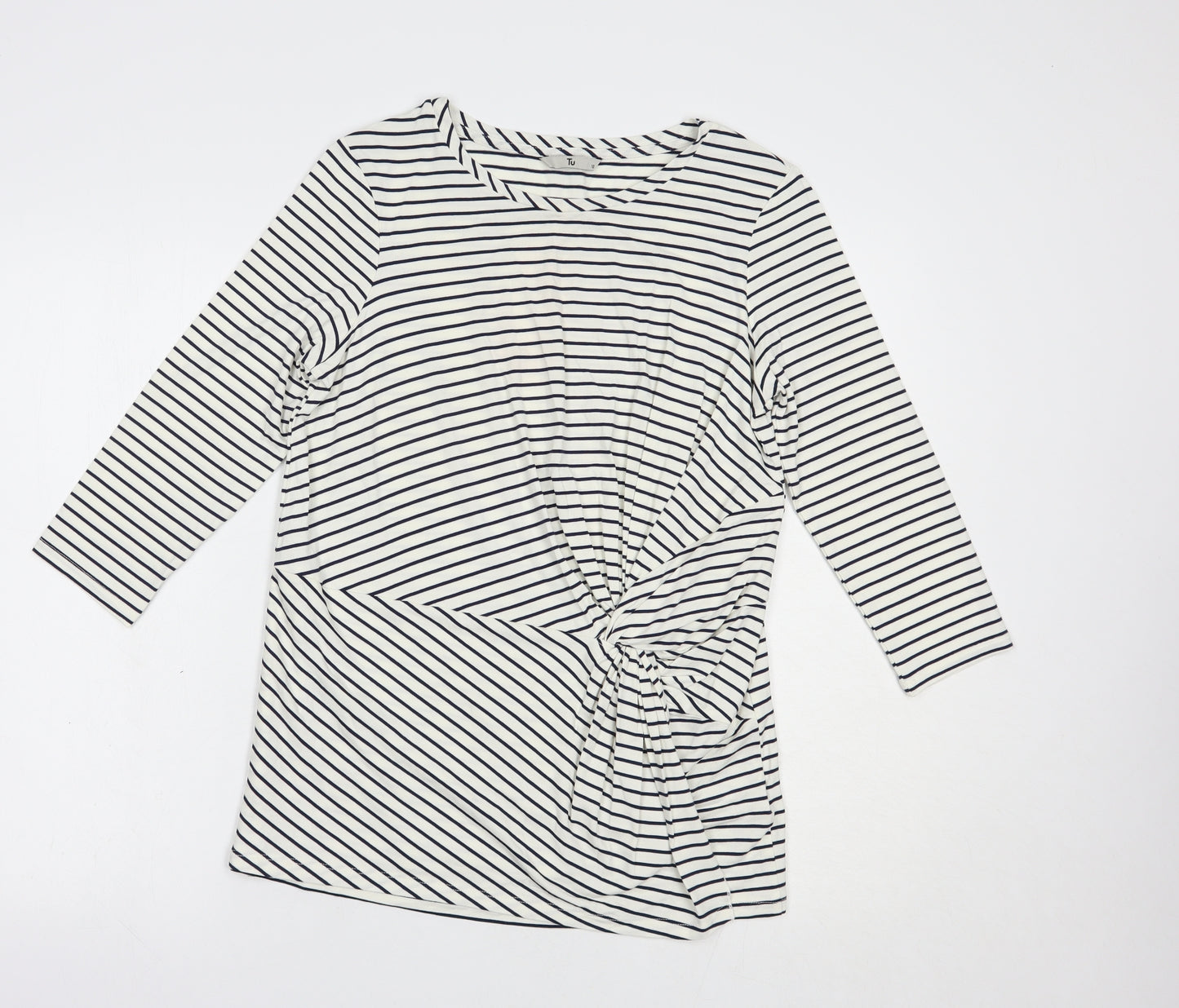 TU Womens White Striped Viscose Basic Blouse Size 12 Round Neck