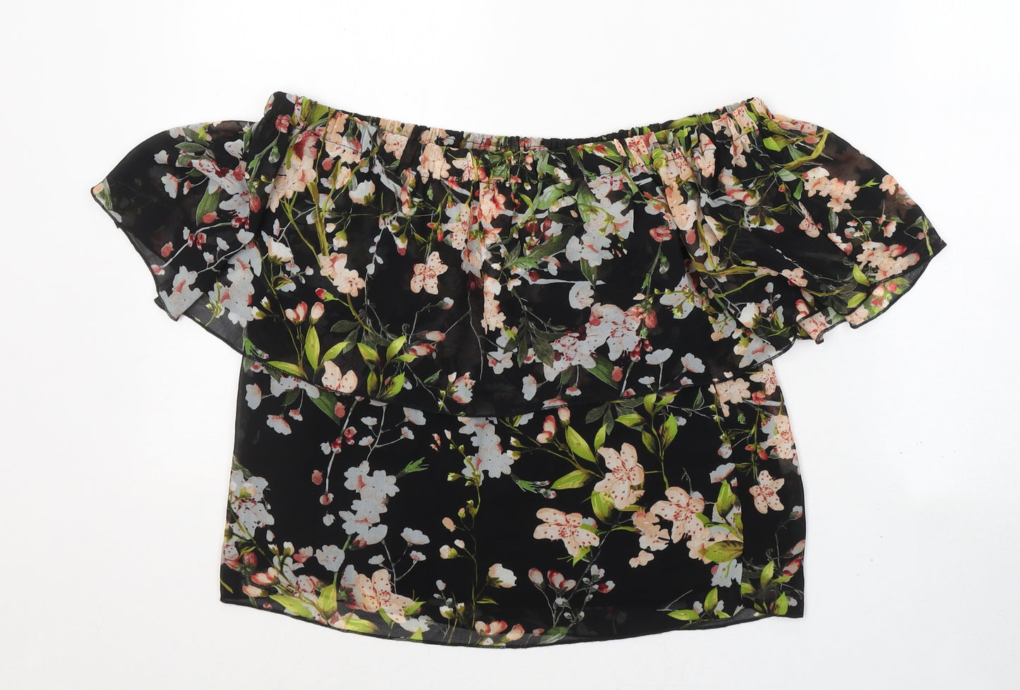 PARISIAN SIGNATURE Womens Black Floral Polyester Basic Blouse Size 12 Off the Shoulder