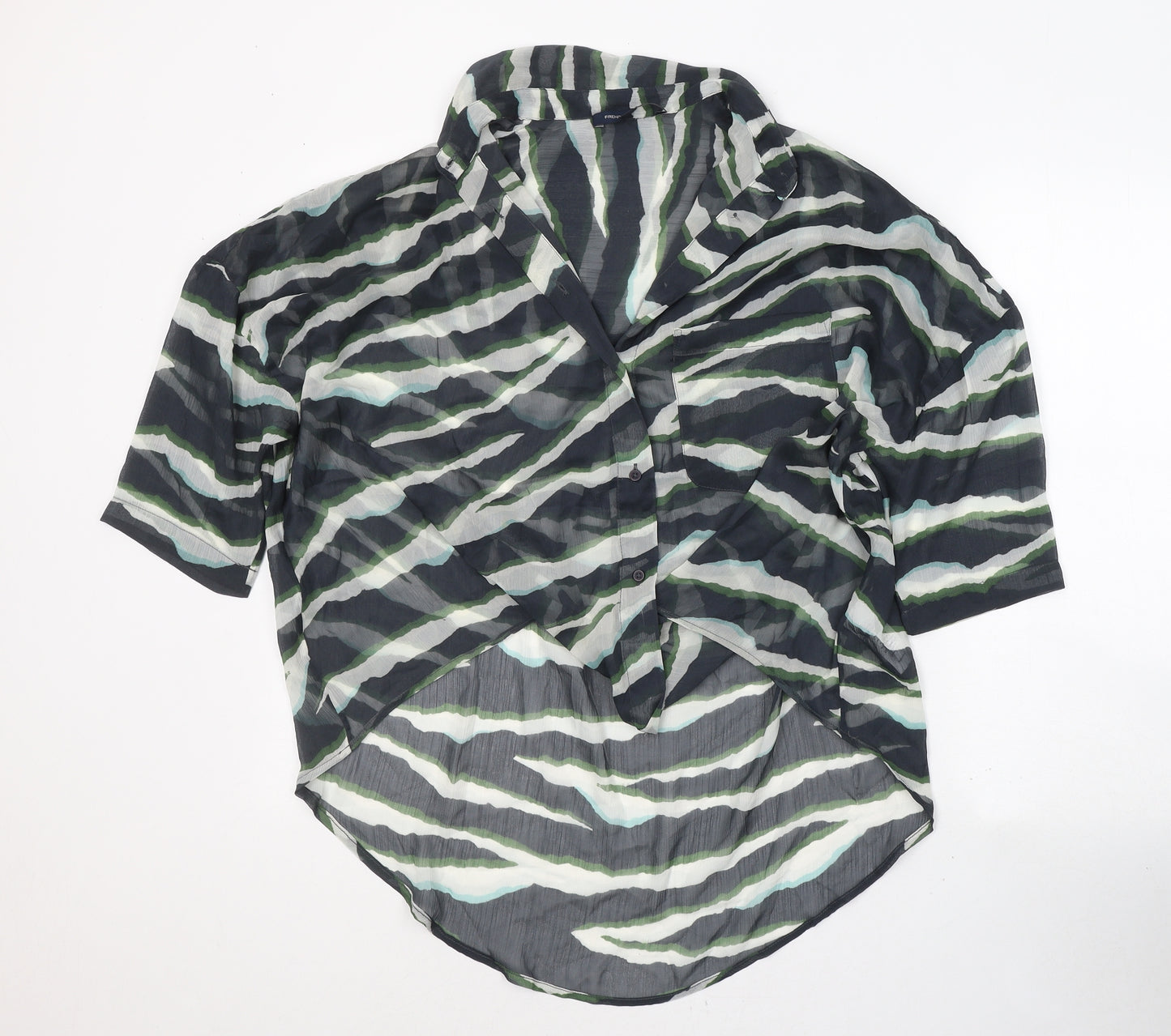 French Connection Womens Green Animal Print Polyester Basic Blouse Size S Collared