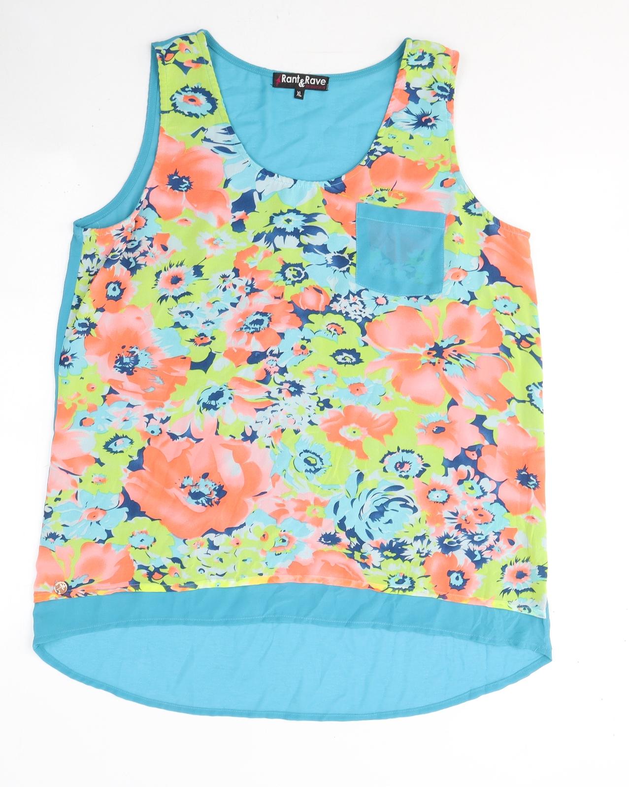 Rant&Rave Womens Blue Floral Polyester Basic Tank Size XL Round Neck