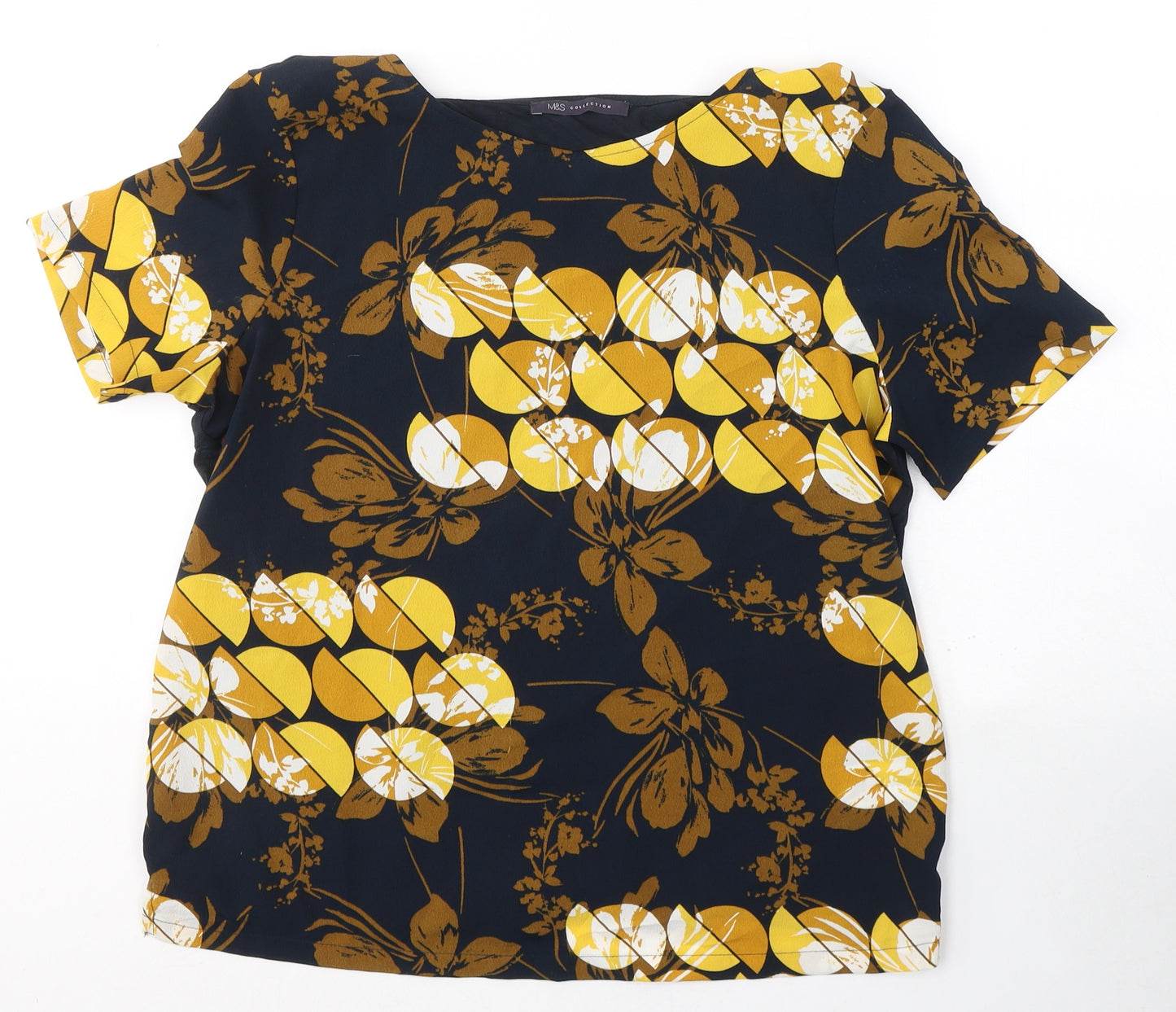 Marks and Spencer Womens Black Floral Polyester Basic Blouse Size 12 Round Neck