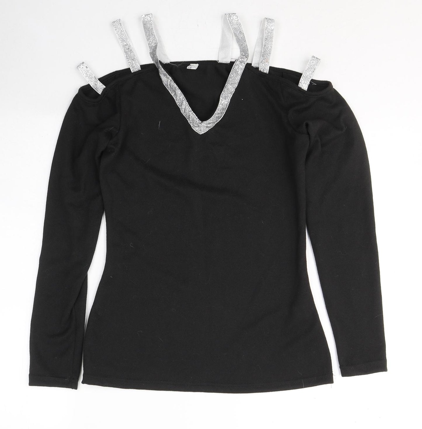 Fashion Womens Black V-Neck  Polyester Pullover Jumper Size M