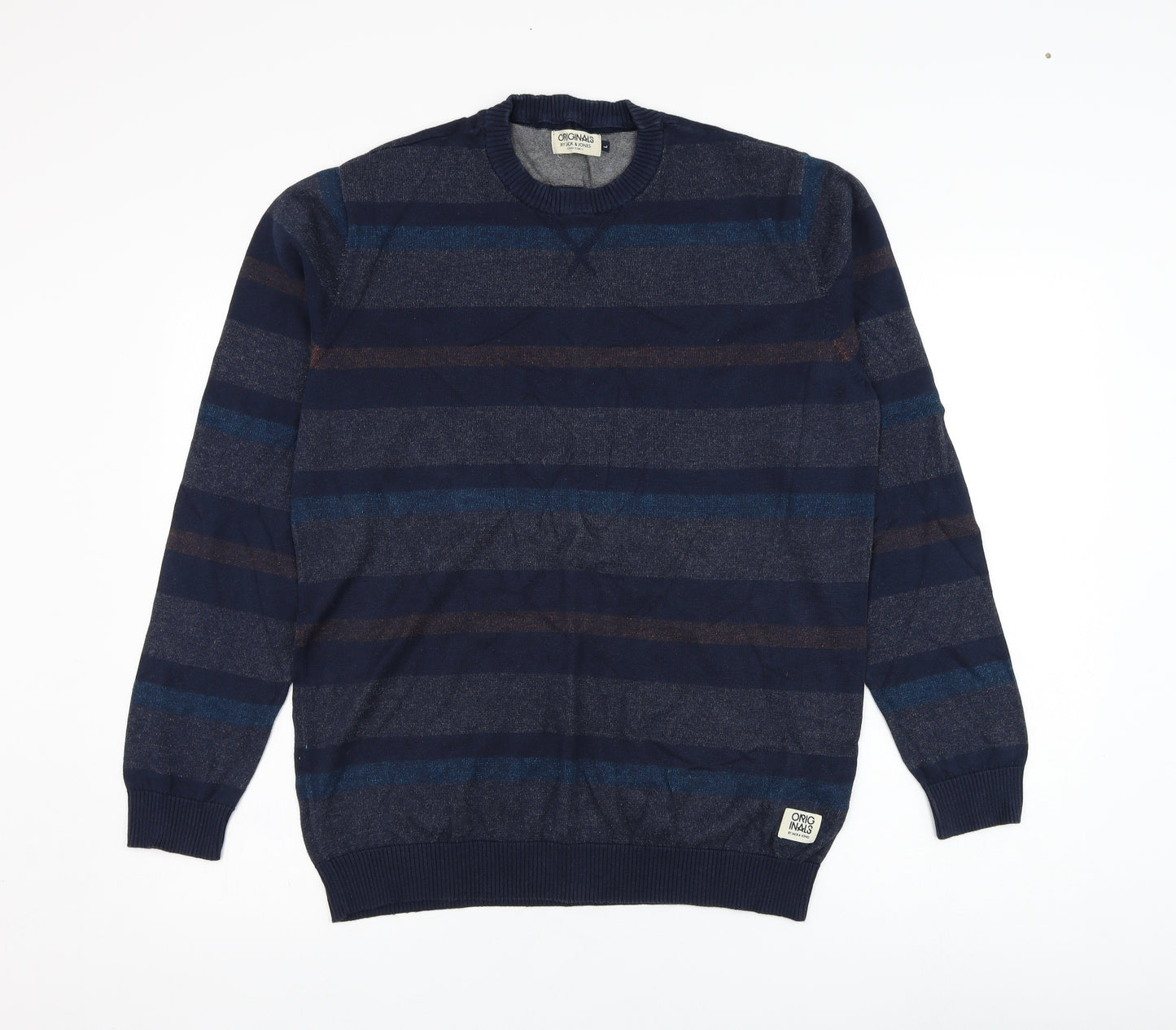 JACK & JONES Mens Blue Round Neck Striped Cotton Pullover Jumper Size L