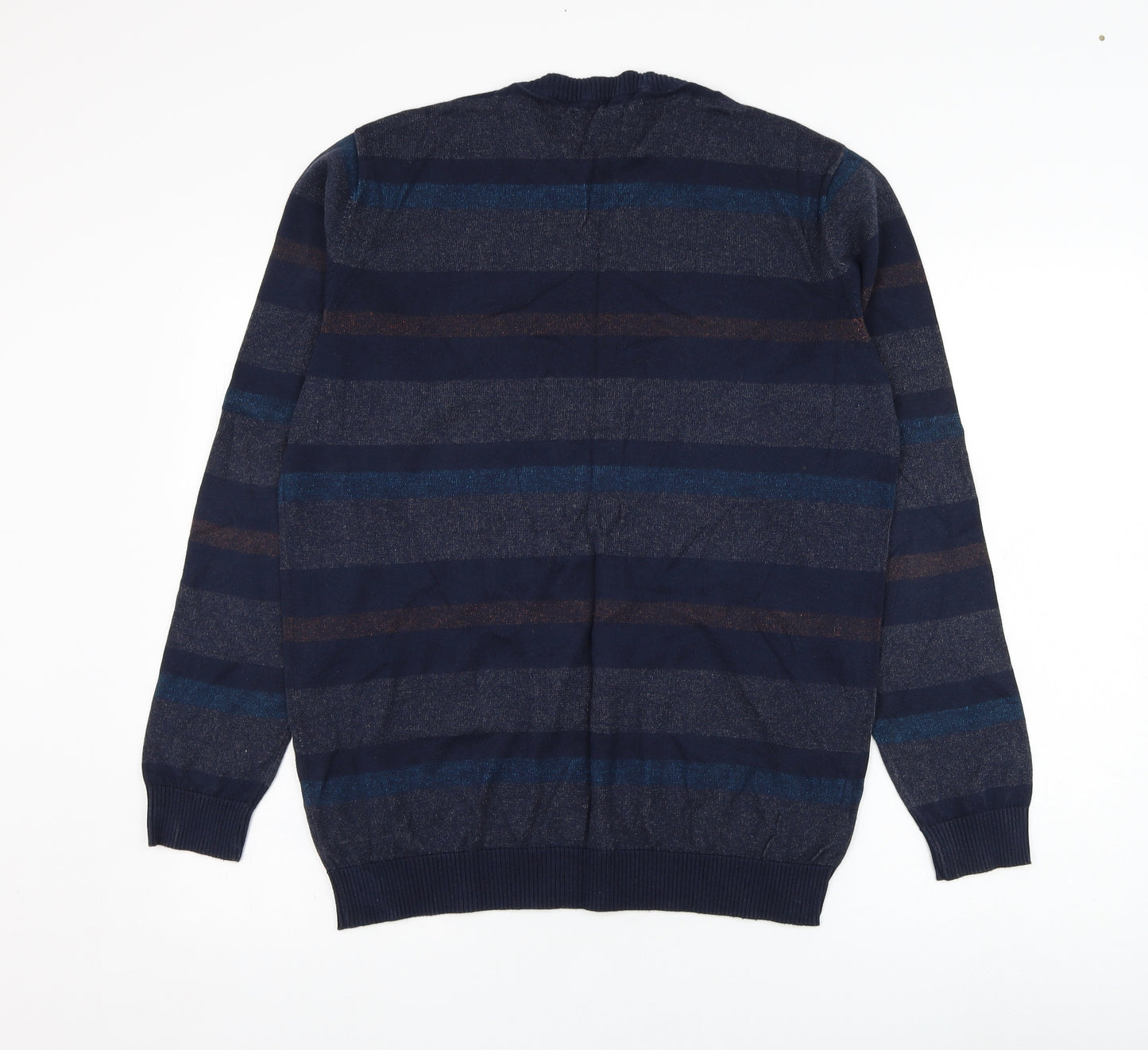 JACK & JONES Mens Blue Round Neck Striped Cotton Pullover Jumper Size L