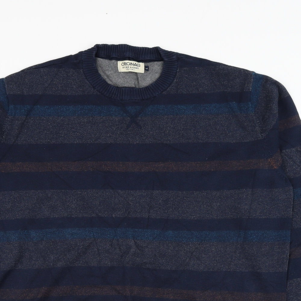 JACK & JONES Mens Blue Round Neck Striped Cotton Pullover Jumper Size L