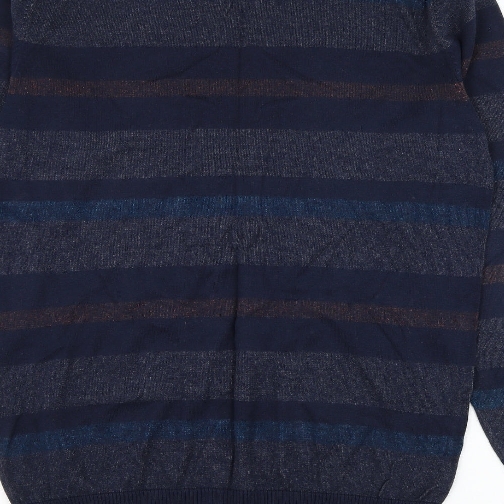 JACK & JONES Mens Blue Round Neck Striped Cotton Pullover Jumper Size L