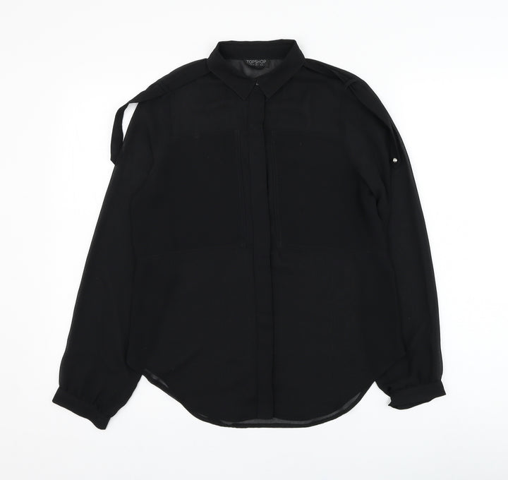 Topshop Womens Black  Polyester Basic Button-Up Size 6 Collared