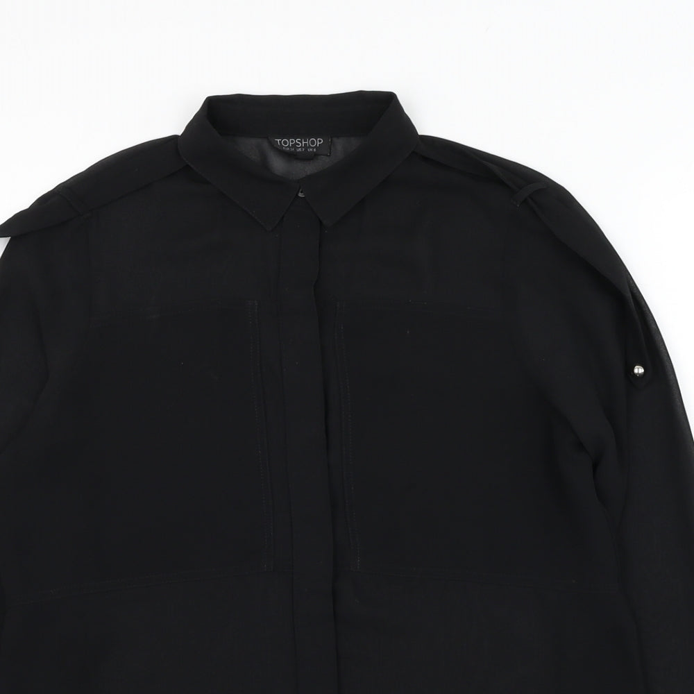 Topshop Womens Black  Polyester Basic Button-Up Size 6 Collared