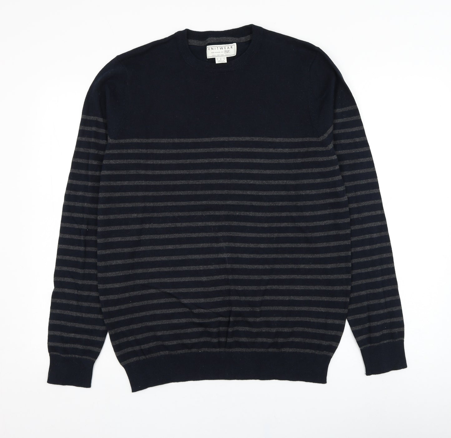 F&F Mens Blue Round Neck Striped Cotton Pullover Jumper Size M