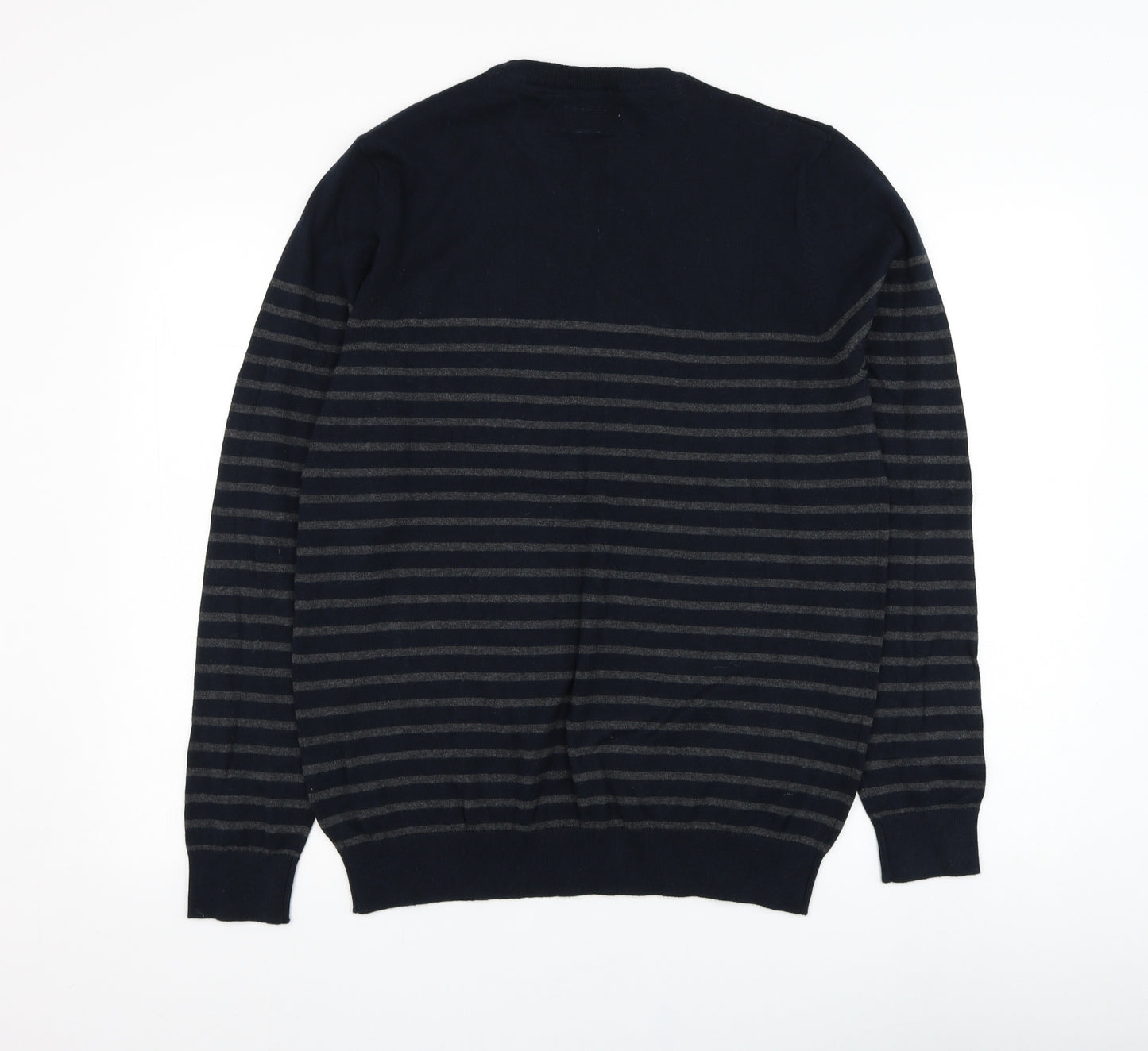 F&F Mens Blue Round Neck Striped Cotton Pullover Jumper Size M