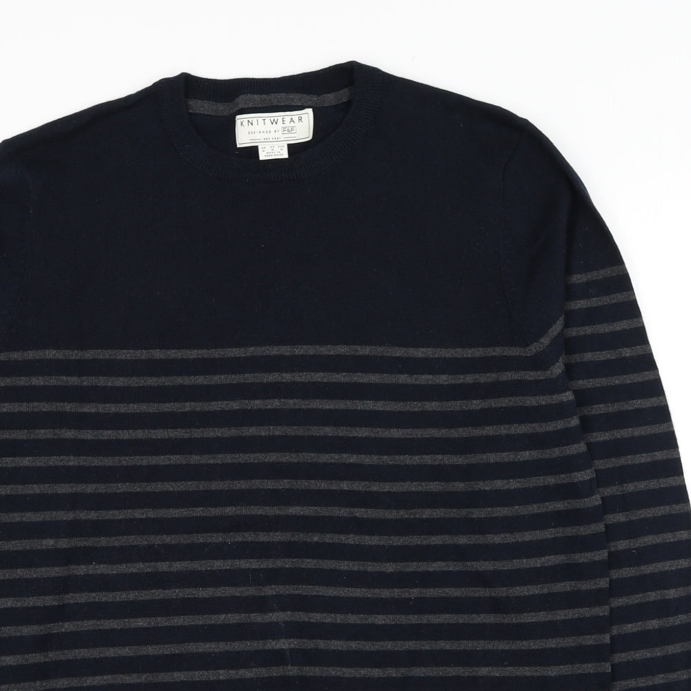 F&F Mens Blue Round Neck Striped Cotton Pullover Jumper Size M