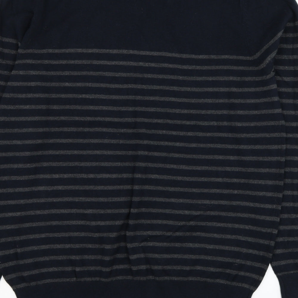 F&F Mens Blue Round Neck Striped Cotton Pullover Jumper Size M