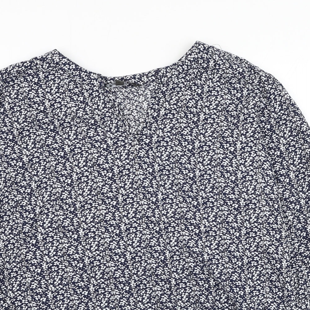 Bonmarché Womens Blue Floral Viscose Basic Blouse Size 14 V-Neck