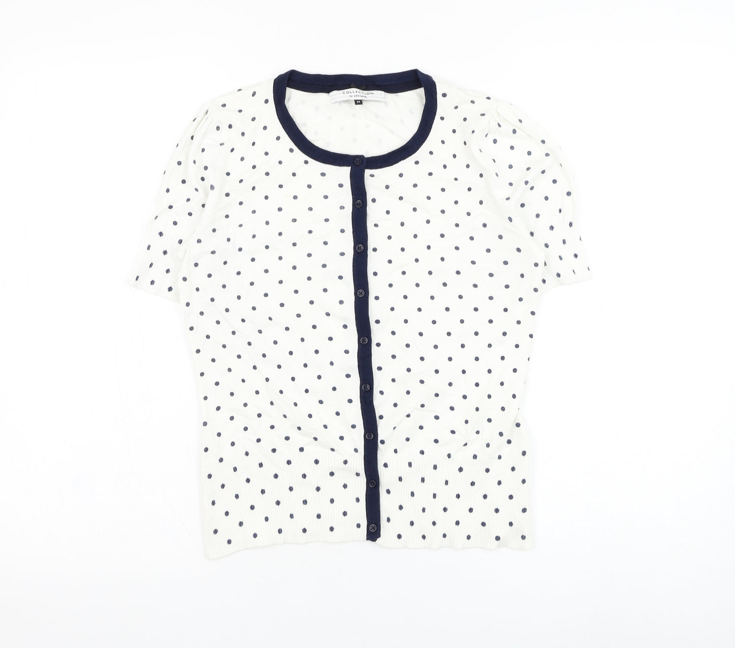 John Lewis Womens White Round Neck Polka Dot Cotton Cardigan Jumper Size M