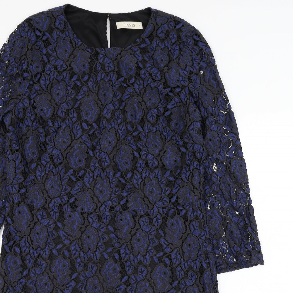 Oasis Womens Blue  Polyamide Shift  Size 16  Round Neck Zip - Flower