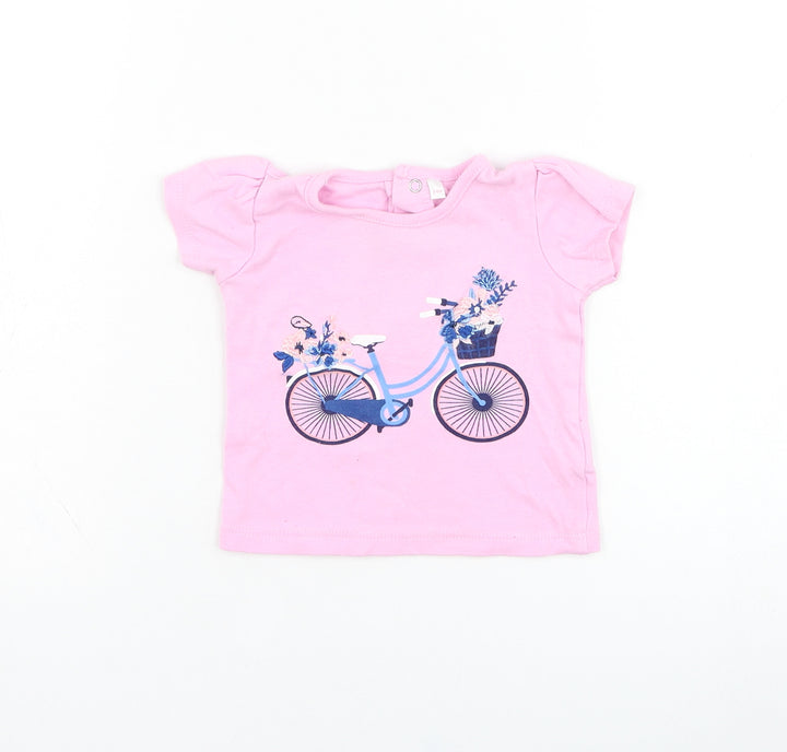 Mini Moi Girls Pink Cotton Basic T-Shirt Size 3-6 Months Round Neck Pullover - Bike