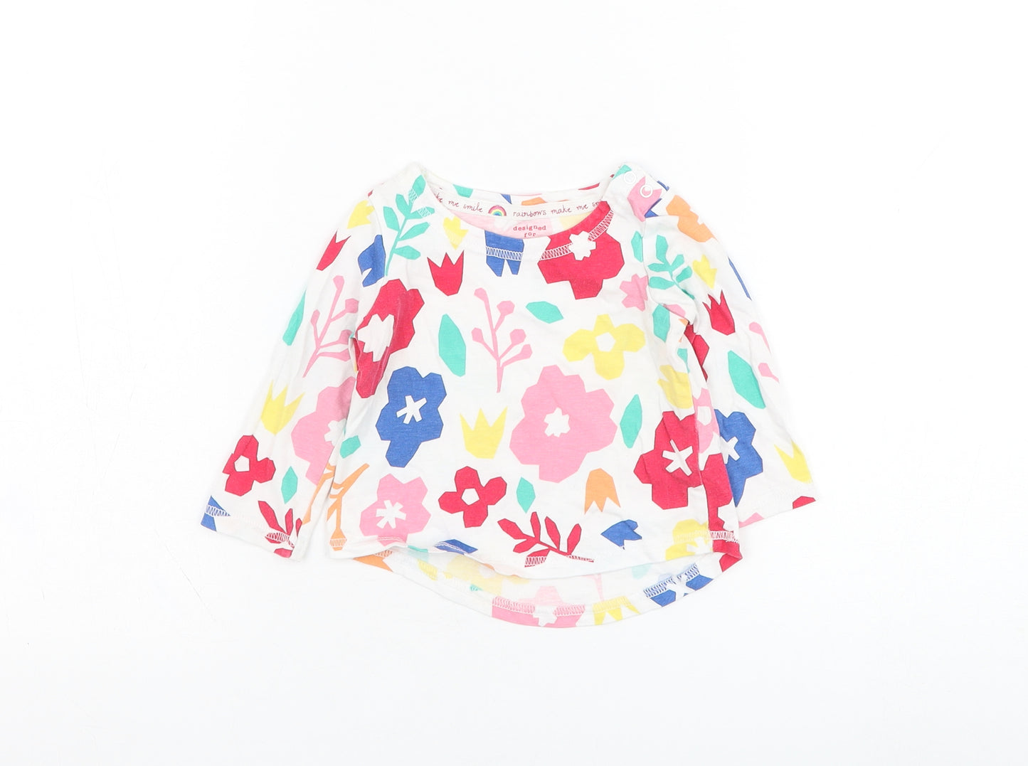 F&F Girls White Floral Cotton Basic T-Shirt Size 3-6 Months Round Neck Pullover