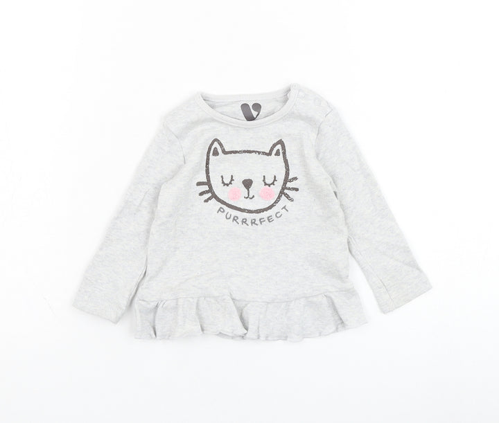 Very Girls Grey Cotton Basic T-Shirt Size 3-6 Months Round Neck Pullover - Cat