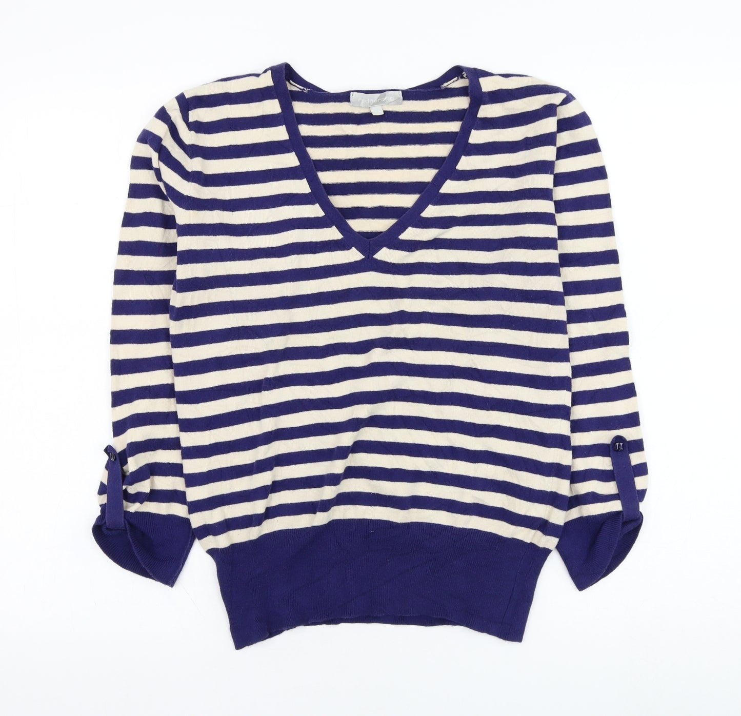 Red Herring Womens Blue V-Neck Striped Cotton Pullover Jumper Size 14