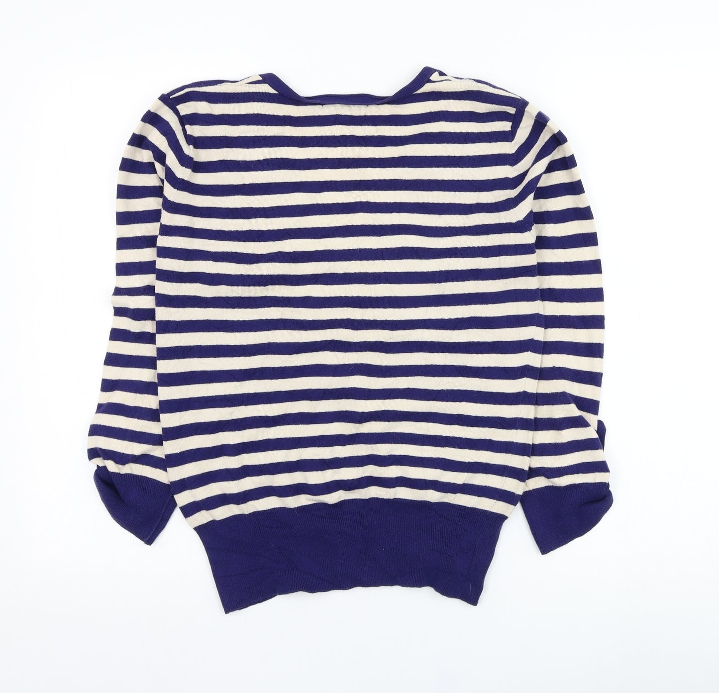 Red Herring Womens Blue V-Neck Striped Cotton Pullover Jumper Size 14