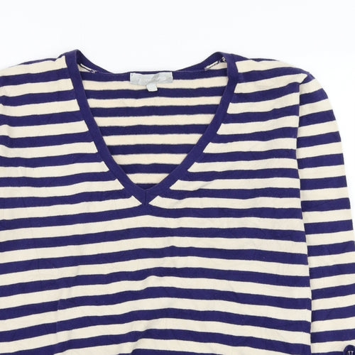 Red Herring Womens Blue V-Neck Striped Cotton Pullover Jumper Size 14