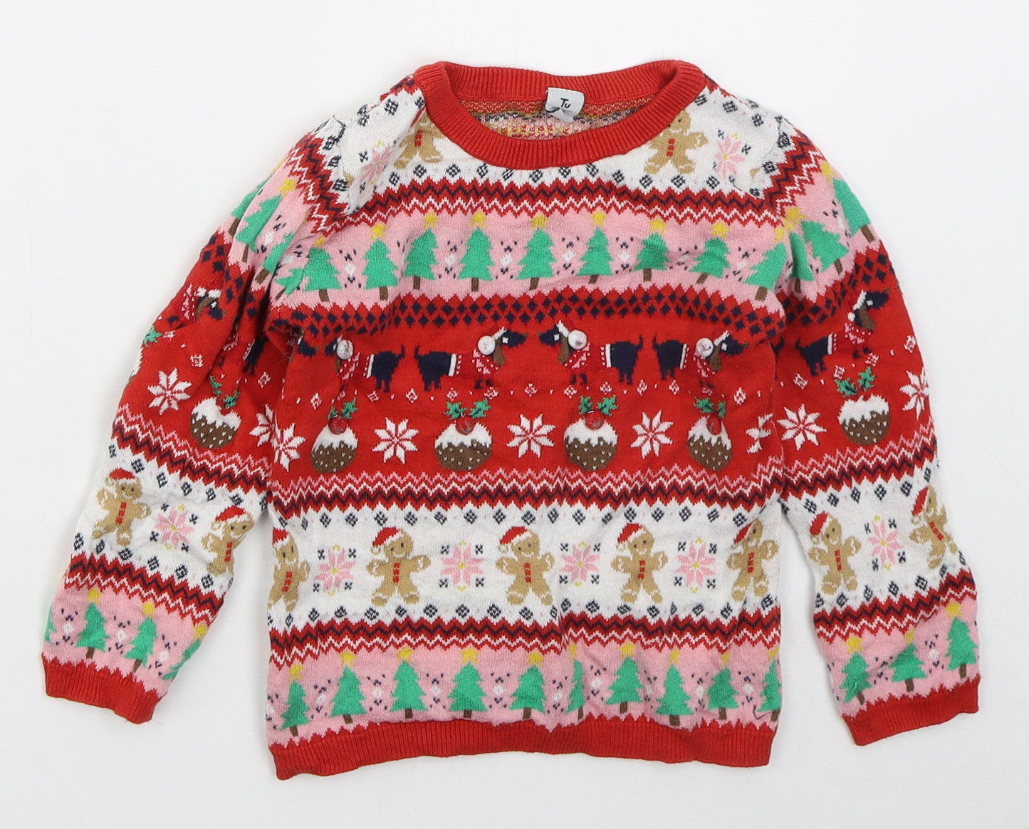 TU Girls Red Crew Neck Geometric Cotton Pullover Jumper Size 4-5 Years  Pullover - Christmas Prints