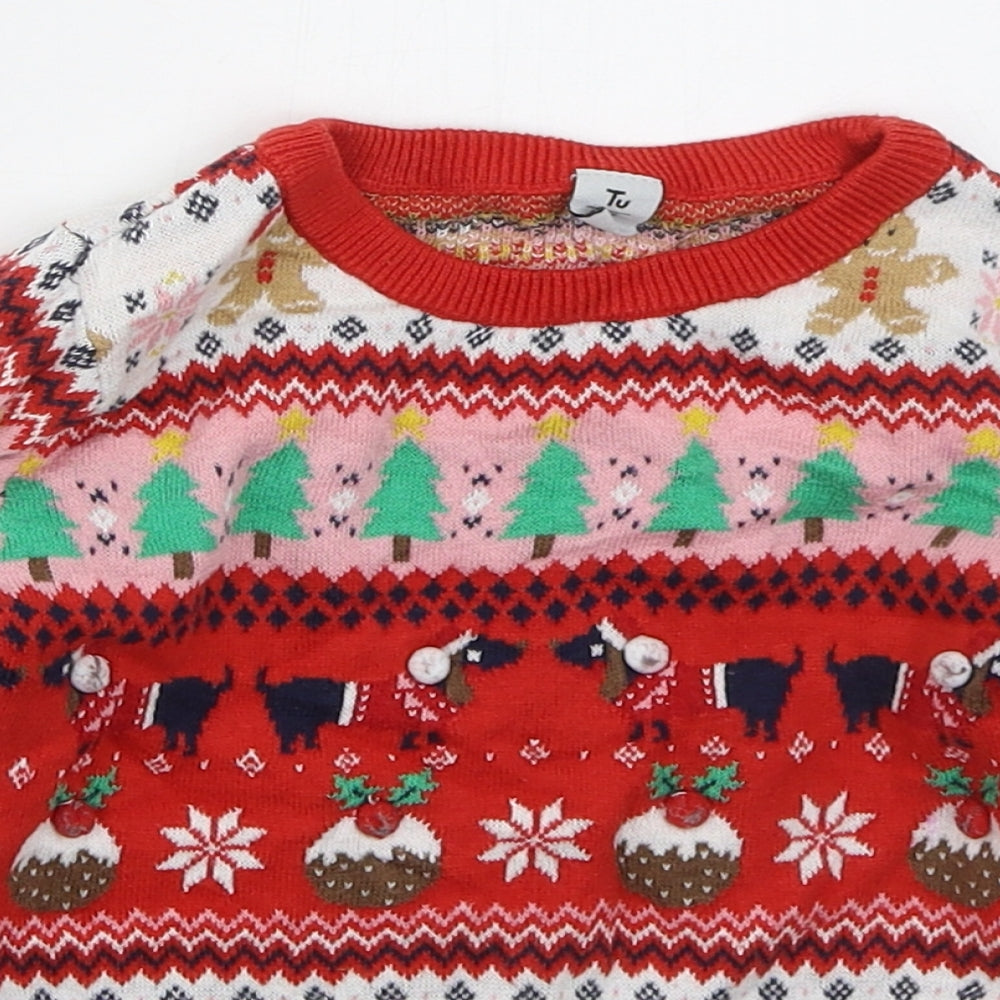 TU Girls Red Crew Neck Geometric Cotton Pullover Jumper Size 4-5 Years  Pullover - Christmas Prints