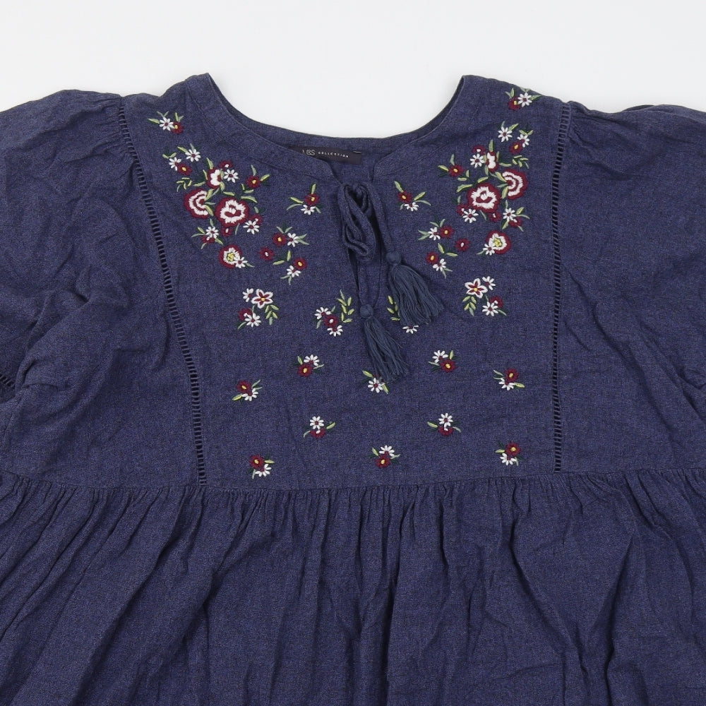 Marks and Spencer Womens Blue Floral Linen A-Line  Size XL  Round Neck Pullover