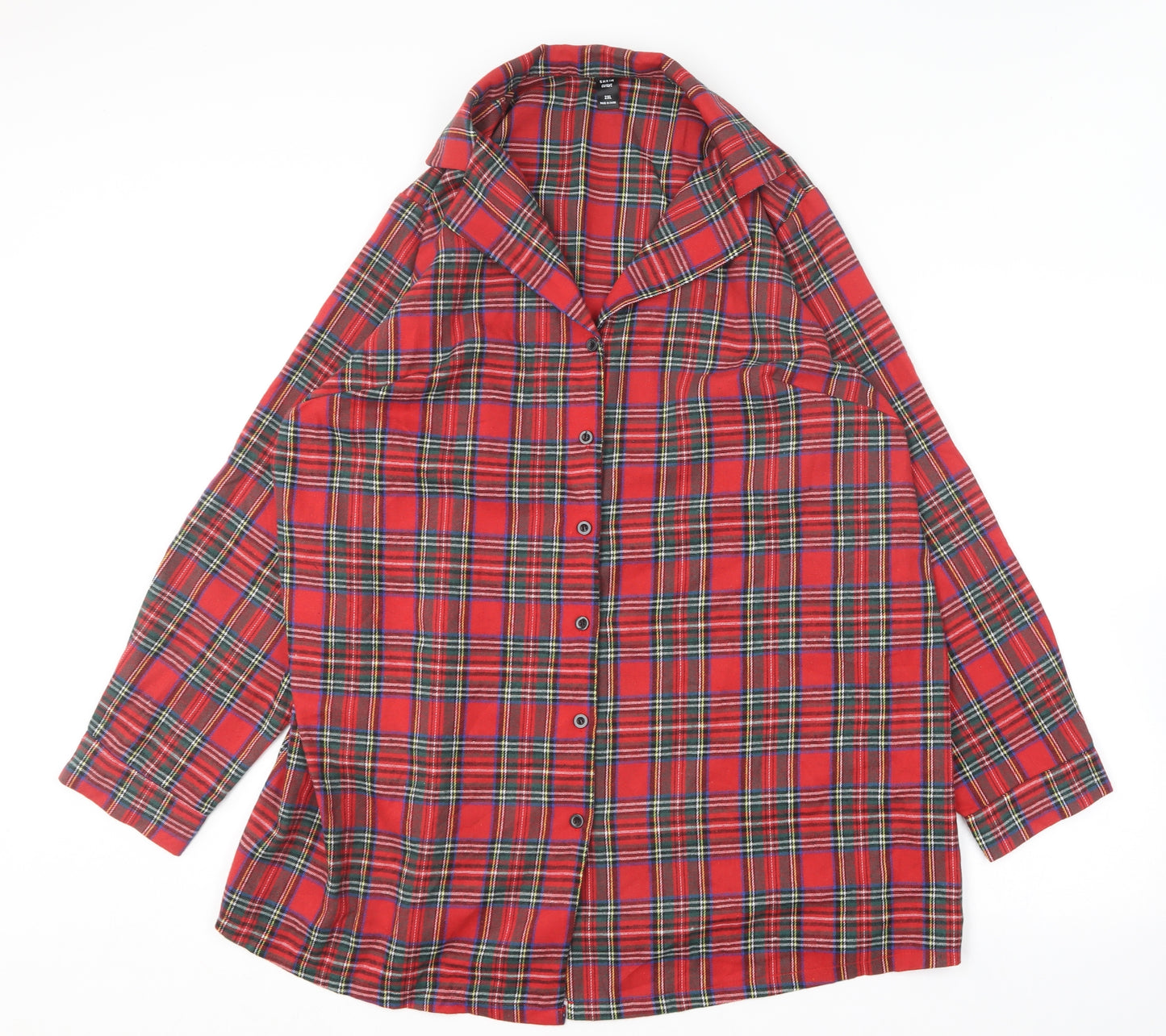 SheIn Womens Red Plaid Polyester Basic Button-Up Size 2XL Collared