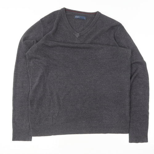 Easy Mens Grey V-Neck  Cotton Pullover Jumper Size L