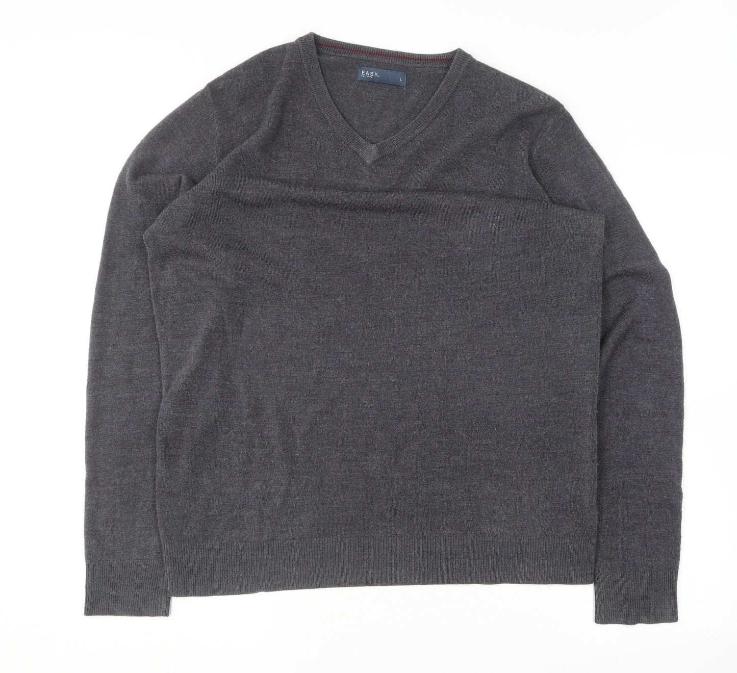 Easy Mens Grey V-Neck  Cotton Pullover Jumper Size L