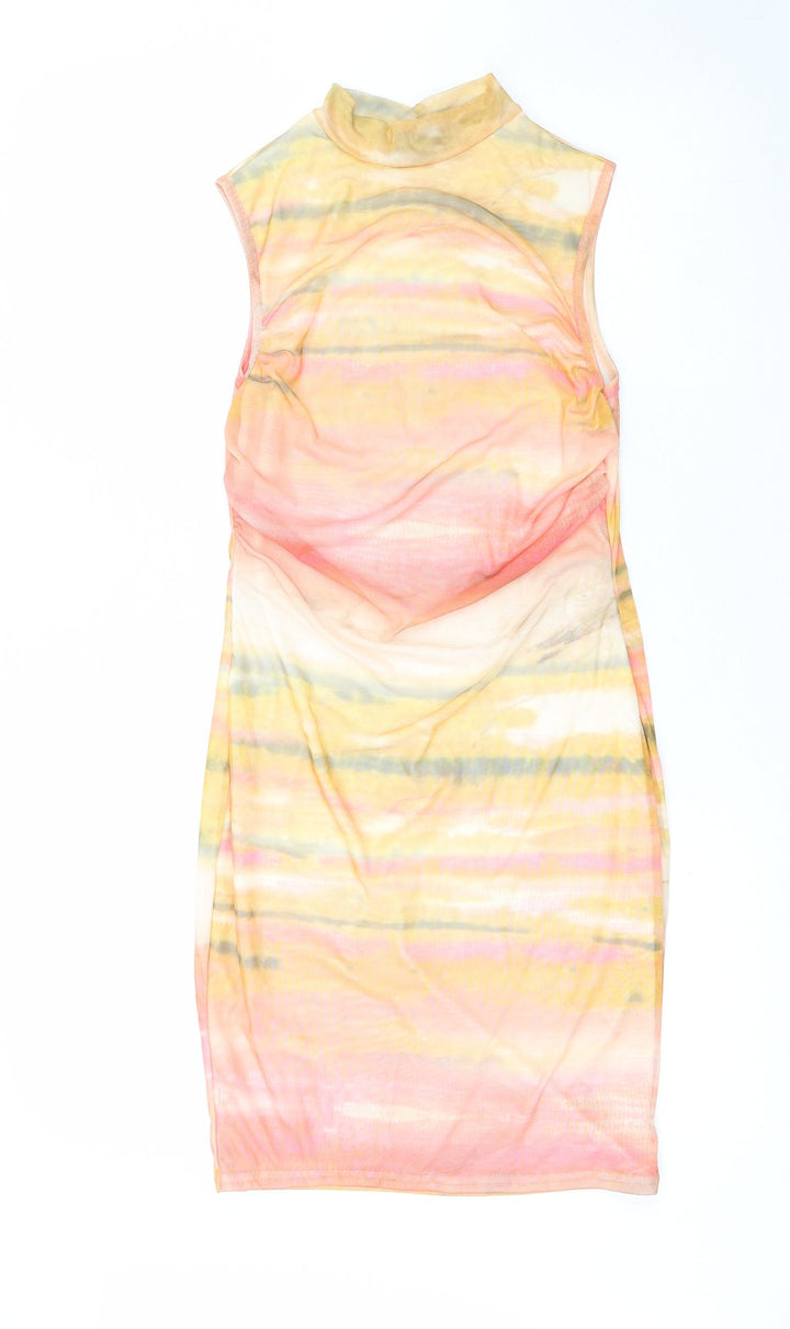 PRETTYLITTLETHING Womens Multicoloured Tie Dye Polyester Pencil Dress Size 10 Collared