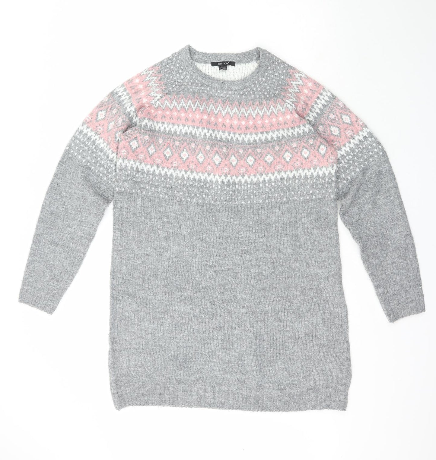 ESMARA Womens Grey Crew Neck Fair Isle Acrylic Pullover Jumper Size 16