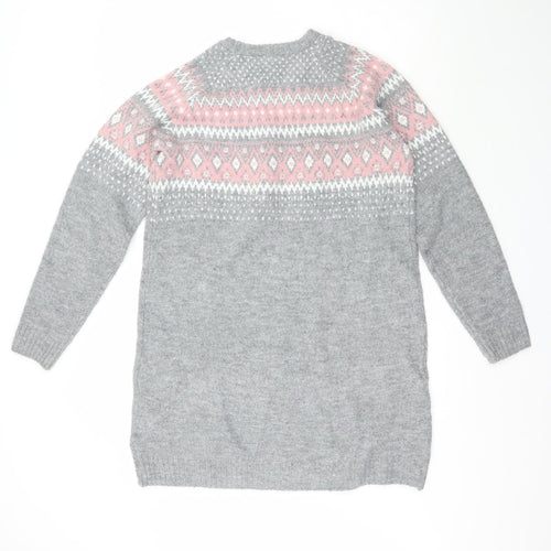 ESMARA Womens Grey Crew Neck Fair Isle Acrylic Pullover Jumper Size 16