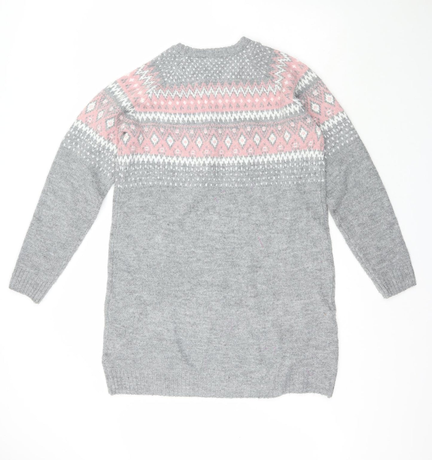 ESMARA Womens Grey Crew Neck Fair Isle Acrylic Pullover Jumper Size 16