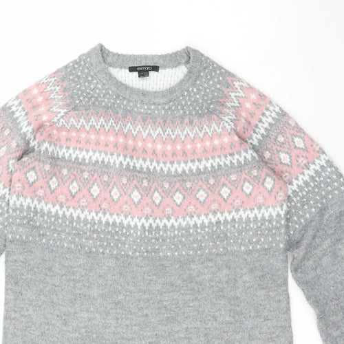 ESMARA Womens Grey Crew Neck Fair Isle Acrylic Pullover Jumper Size 16